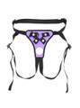 Purple open back strap-on harness with adjustable straps, front rings and snap hardware.