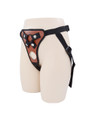 Brown faux leather strap-on harness colour option shown on mannequin with black straps and trim.
