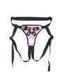 Pink open back strap-on harness with adjustable straps, front rings and snap hardware.