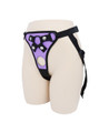 Purple faux leather strap-on harness colour option with black trim, ring hardware and adjustable straps.