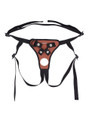 Brown open back strap-on harness with adjustable straps, front rings and snap hardware.