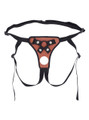 Flat lay of Brown faux leather strap-on harness with front opening, strap details and black trim.