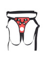 Red open back strap-on harness with adjustable straps, front rings and snap hardware.