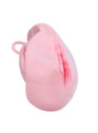 pink resin vagina chastity cage close-up side view showing realistic front detail