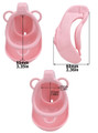 pink resin vagina chastity cage size diagram showing 85 mm (3.35 in) length, 60 mm (2.36 in) depth, and 35 x 37 mm (1.38 x 1.46 in) internal opening