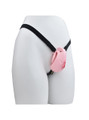 pink resin vagina chastity cage with black belt shown on mannequin angled side view