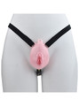 pink locking resin vagina chastity cage with black adjustable belt on mannequin front view