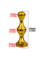 gold 304 stainless steel butt plug size chart showing 85 mm (3.35 in) length, 19 mm (0.75 in) tip, 23 mm (0.91 in) widest section, and 29 mm (1.14 in) base