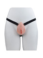 nude locking resin vagina chastity cage with black adjustable belt on mannequin front view