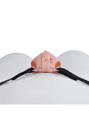 nude locking resin vagina chastity cage rear lock and belt connection detail on mannequin