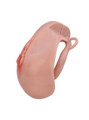 nude resin vagina chastity cage angled side view showing curved cage shape