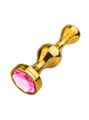 gold 304 stainless steel butt plug with pink gem base angled view