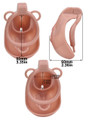 nude resin vagina chastity cage size diagram showing 85 mm (3.35 in) length, 60 mm (2.36 in) depth, and 35 x 37 mm (1.38 x 1.46 in) internal opening