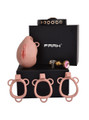 nude resin vagina chastity cage set with belt, rings, lock, keys, and gold plug displayed with black gift box