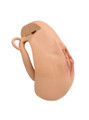 tan resin vagina chastity cage close-up side view showing realistic front detail