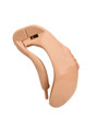 tan resin vagina chastity cage angled product view with locking top section