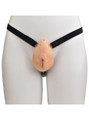 tan locking resin vagina chastity cage with black adjustable belt on mannequin front view