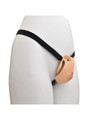 tan resin vagina chastity cage with black belt shown on mannequin angled side view