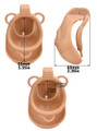 tan resin vagina chastity cage size diagram showing 85 mm (3.35 in) length, 60 mm (2.36 in) depth, and 35 x 37 mm (1.38 x 1.46 in) internal opening