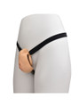 tan locking resin vagina chastity cage with black adjustable belt side view on mannequin