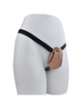 Deep Nude resin vagina chastity cage with black belt shown on mannequin angled side view