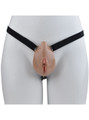 Deep Nude locking resin vagina chastity cage with black adjustable belt on mannequin front view