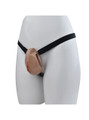 Deep Nude locking resin vagina chastity cage with black adjustable belt side view on mannequin