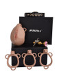 Deep Nude resin vagina chastity cage set with belt, rings, lock, keys, and gold plug displayed with black gift box