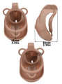Deep Nude resin vagina chastity cage size diagram showing 85 mm (3.35 in) length, 60 mm (2.36 in) depth, and 35 x 37 mm (1.38 x 1.46 in) internal opening