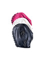 Rear view of black, hot pink, white and red lace-up faux leather sensory deprivation hoods
