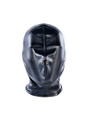 Front view of black sensory deprivation hood covering the eyes and mouth with two nose holes