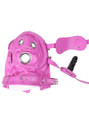 Pink full hood laid open with detachable blindfold and penis-shaped gag attachment