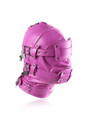 Side view of pink lockable gimp hood showing layered head straps and faux leather construction