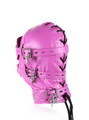 Rear view of pink faux leather full hood with adjustable lacing and three lockable buckle straps