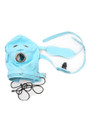 Blue faux leather full hood laid open with detachable blindfold, penis gag and rear lacing cord