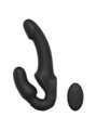 Black remote control double penetration vibrator with curved textured shaft and shorter stimulation arm