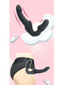 Black couples vibrator shown with compatible strap-on panty and wireless remote