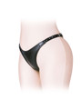 Side view of black faux leather dual dildo thong with adjustable waist buckle and smooth front panel.