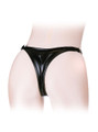 Rear view of black faux leather G-string thong designed to hold two internal silicone dildos.