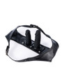 Open black faux leather thong showing two black silicone dildos mounted to the detachable insert.