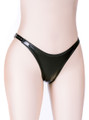 Front view of closed black faux leather dual dildo thong with adjustable silver buckle straps.