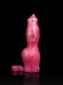 Red marbled liquid silicone canine breeder penis sleeve standing upright with grey ball loop on black background