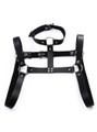 Black leather collar chest harness laid flat with shoulder loops and adjustable straps