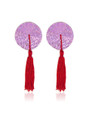 Front view of pink round nipple pasties with shimmering surface and red tassels.