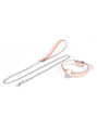 Pink cat ear bell collar + silver chain leash flat view