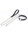 Black cat ear bell collar + silver chain leash flat view