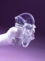 Clear Fantasy Sword Grip Dildo bent to show long ribbed handle and sculpted shaft