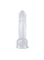 Front view of clear realistic dildo with balls and suction cup