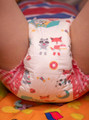 White ABDL diaper with red trim, showcasing fox and panda stories, equipped with reusable magic tape for a secure and comfortable fit