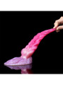 Pink silicone tentacle dildo being pulled by the tip to demonstrate its flexible construction